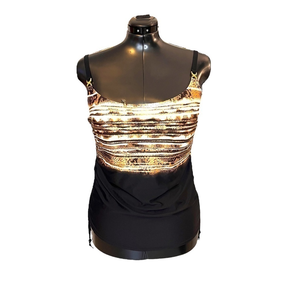 Simon Chang Two-Piece Tankini Swimsuit in Neutral Black, Tan & Gold